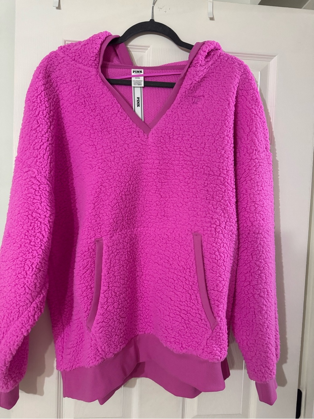 PINK Victoria's Secret Bright Pink Sherpa Hooded Pullover